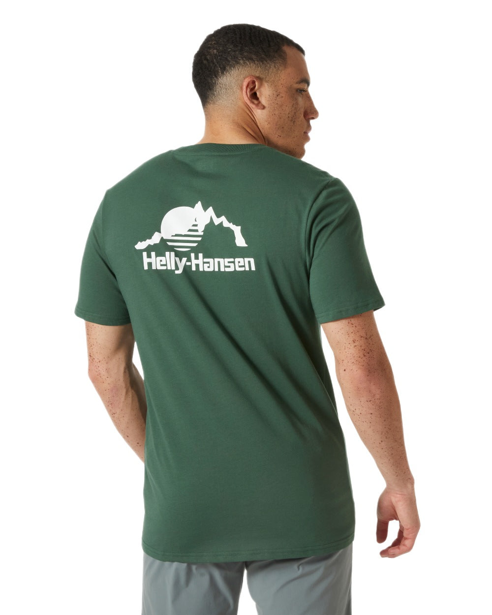 Jungle Green Coloured Helly Hansen Mens Nord Graphic T-Shirt on White Background
