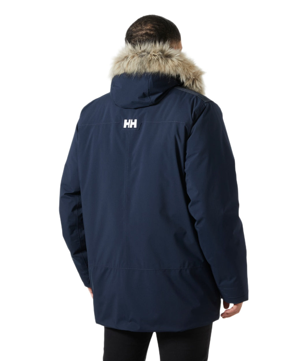 Navy Coloured Helly Hansen Mens Reine Winter Parka on White Background
