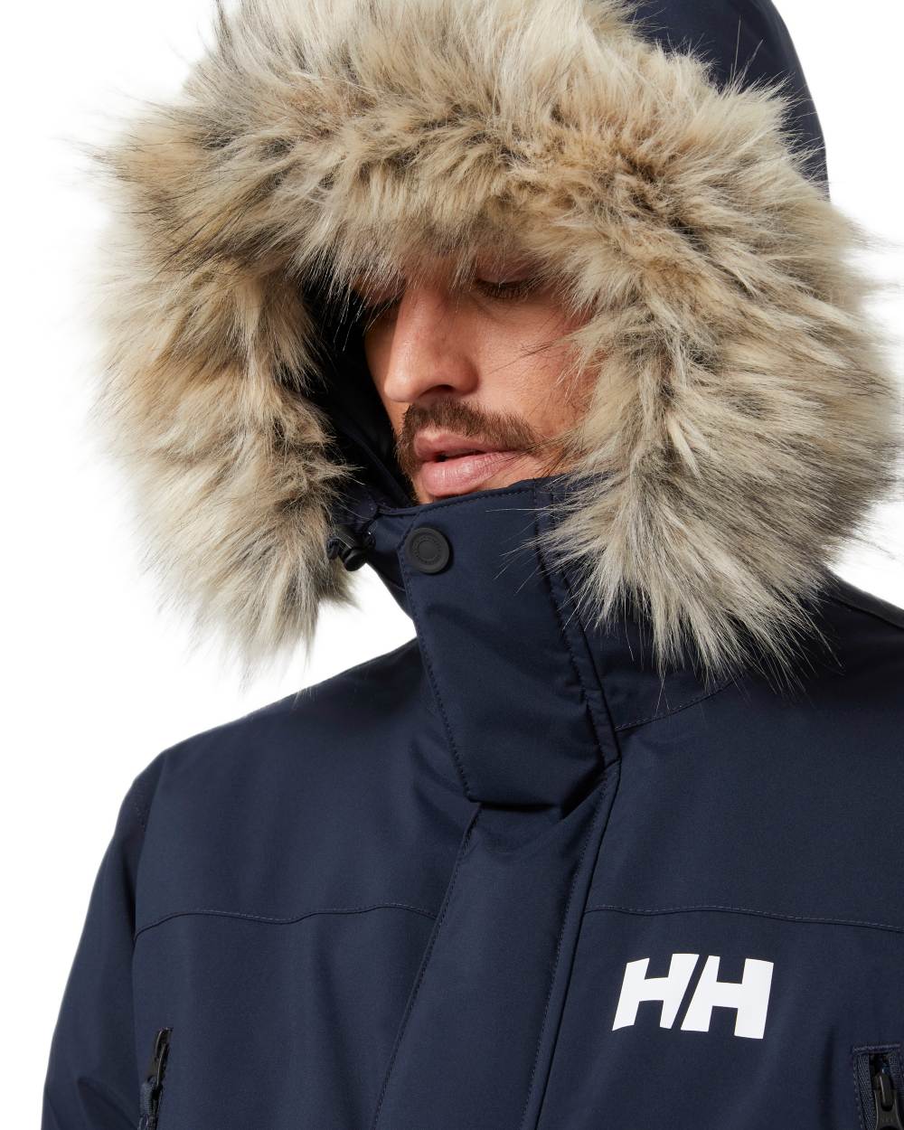 Navy Coloured Helly Hansen Mens Reine Winter Parka on White Background
