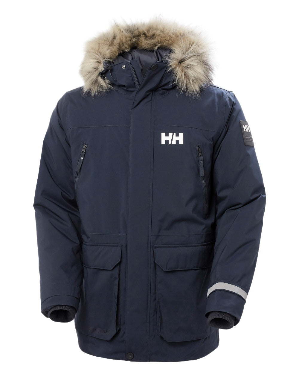 Navy Coloured Helly Hansen Mens Reine Winter Parka on White Background
