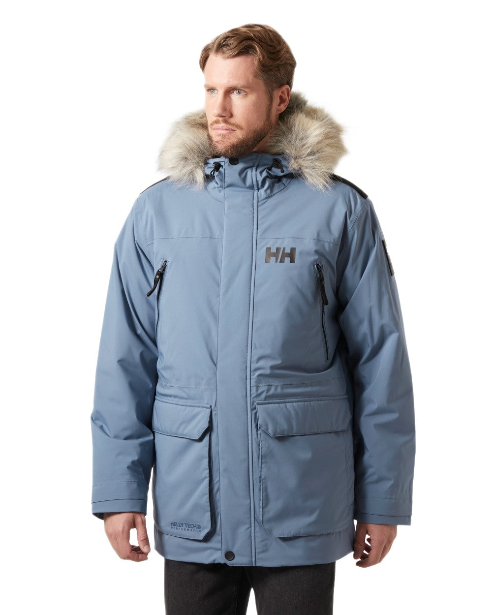 Washed Navy Coloured Helly Hansen Mens Reine Winter Parka on White Background
