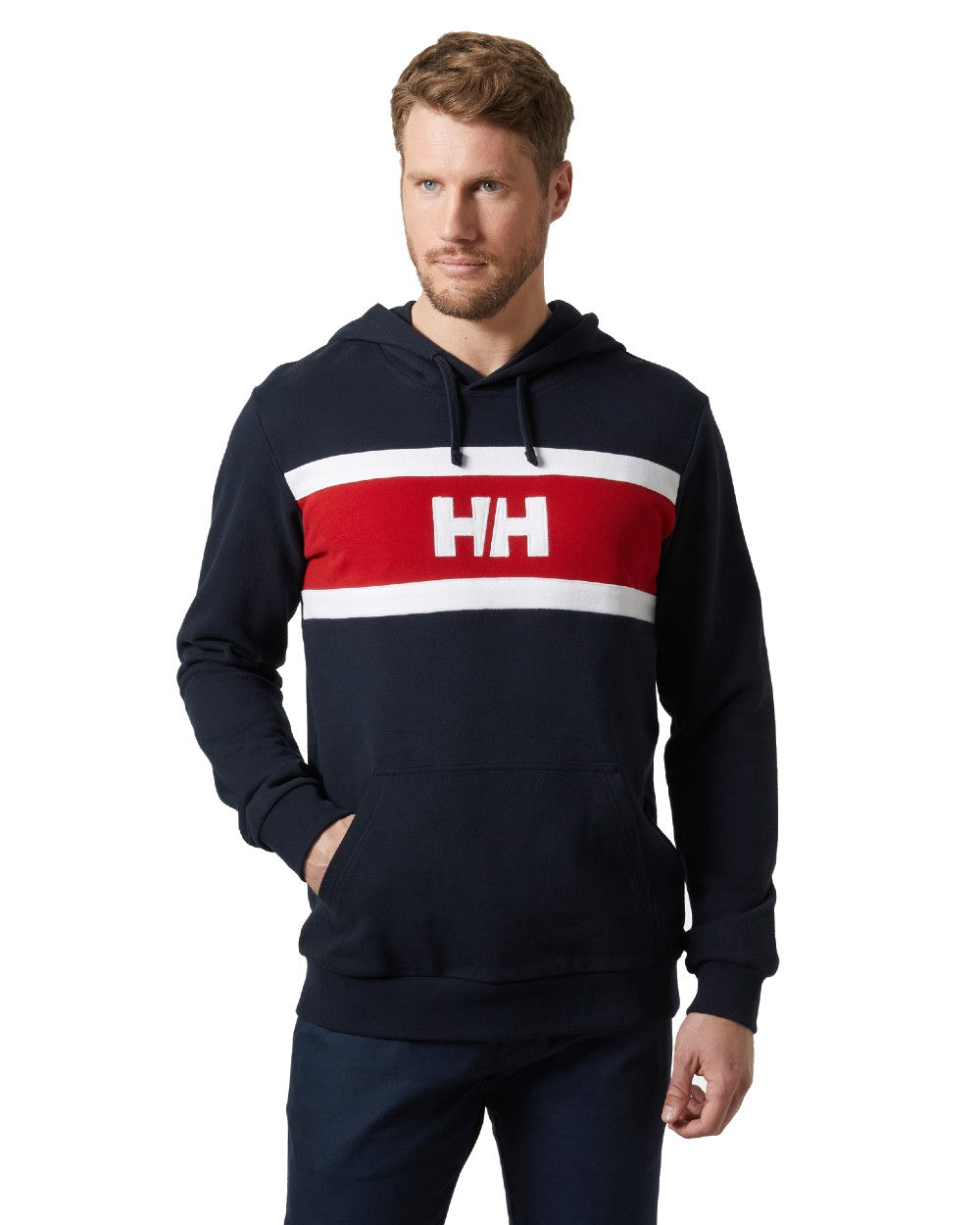 Navy coloured Helly Hansen Mens Salt Cotton Hoodies on white background 