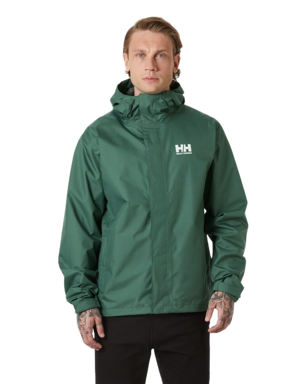 Jungle Green Coloured Helly Hansen Mens Seven J Jacket on White Background
