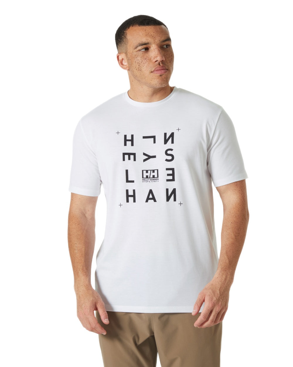 White Coloured Helly Hansen Mens Skog Recycled Graphic T-Shirt on White Background
