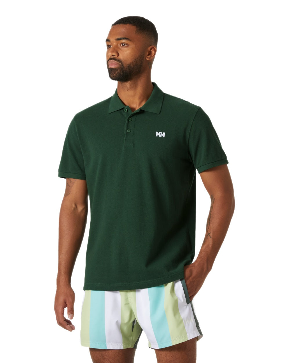Jungle Green Coloured Helly Hansen Mens Transat Polo Shirt on White Background
