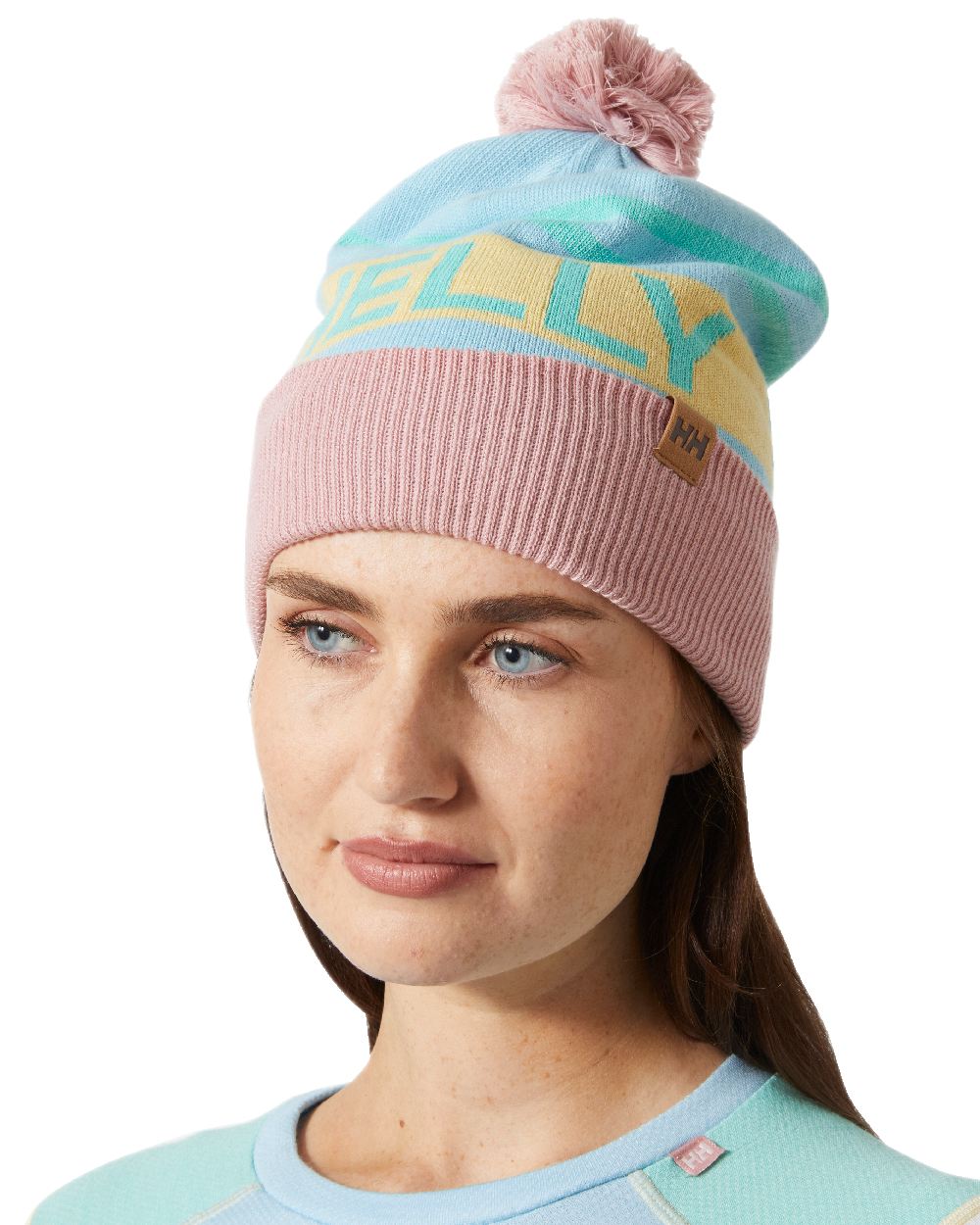 Light Cyan Coloured Helly Hansen Ridgeline Retro Ski Beanie on White Background

