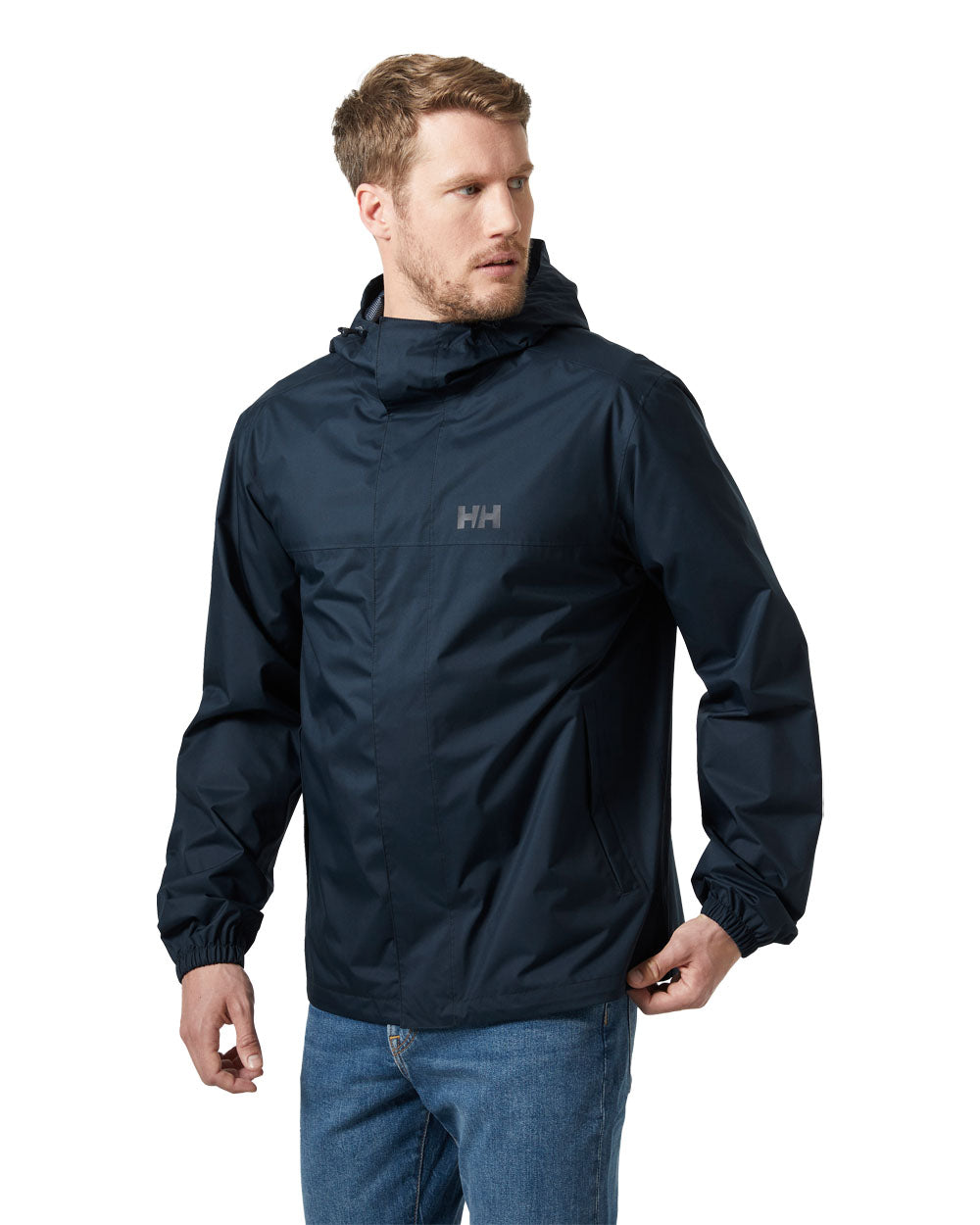 Navy coloured Helly Hansen Rain Jacket on white background 