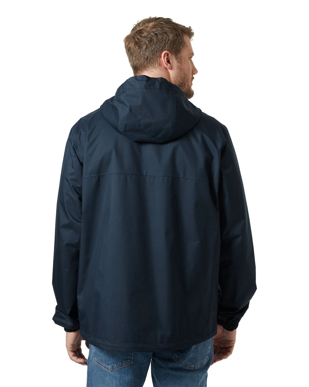 Navy coloured Helly Hansen Rain Jacket on white background 