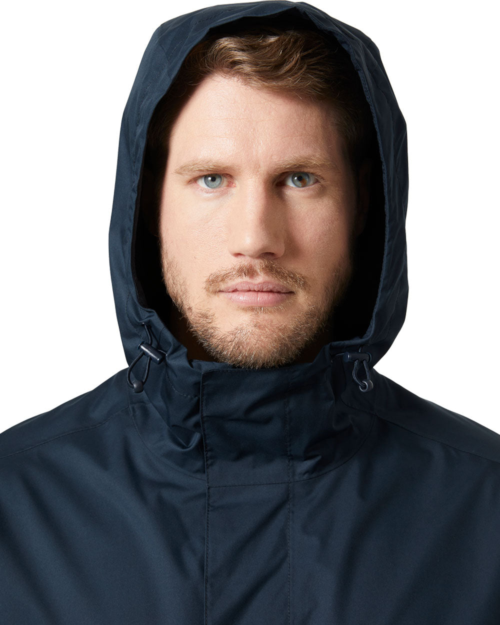 Navy coloured Helly Hansen Rain Jacket on white background 