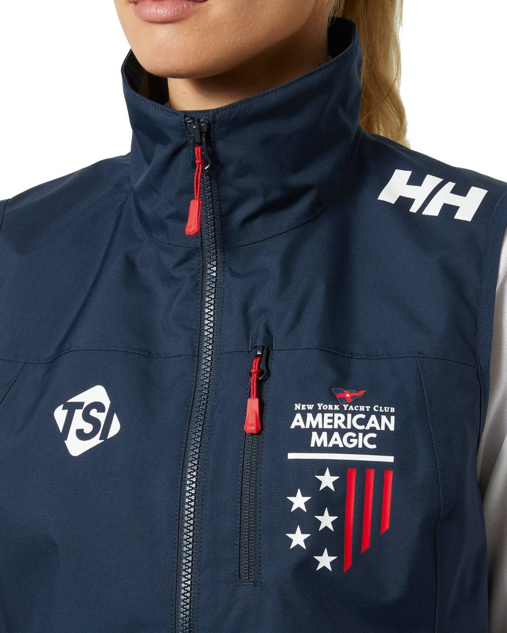 Navy coloured Helly Hansen Womens Am Crew Vest 2.0 on white background 