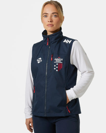 Navy coloured Helly Hansen Womens Am Crew Vest 2.0 on grey background 
