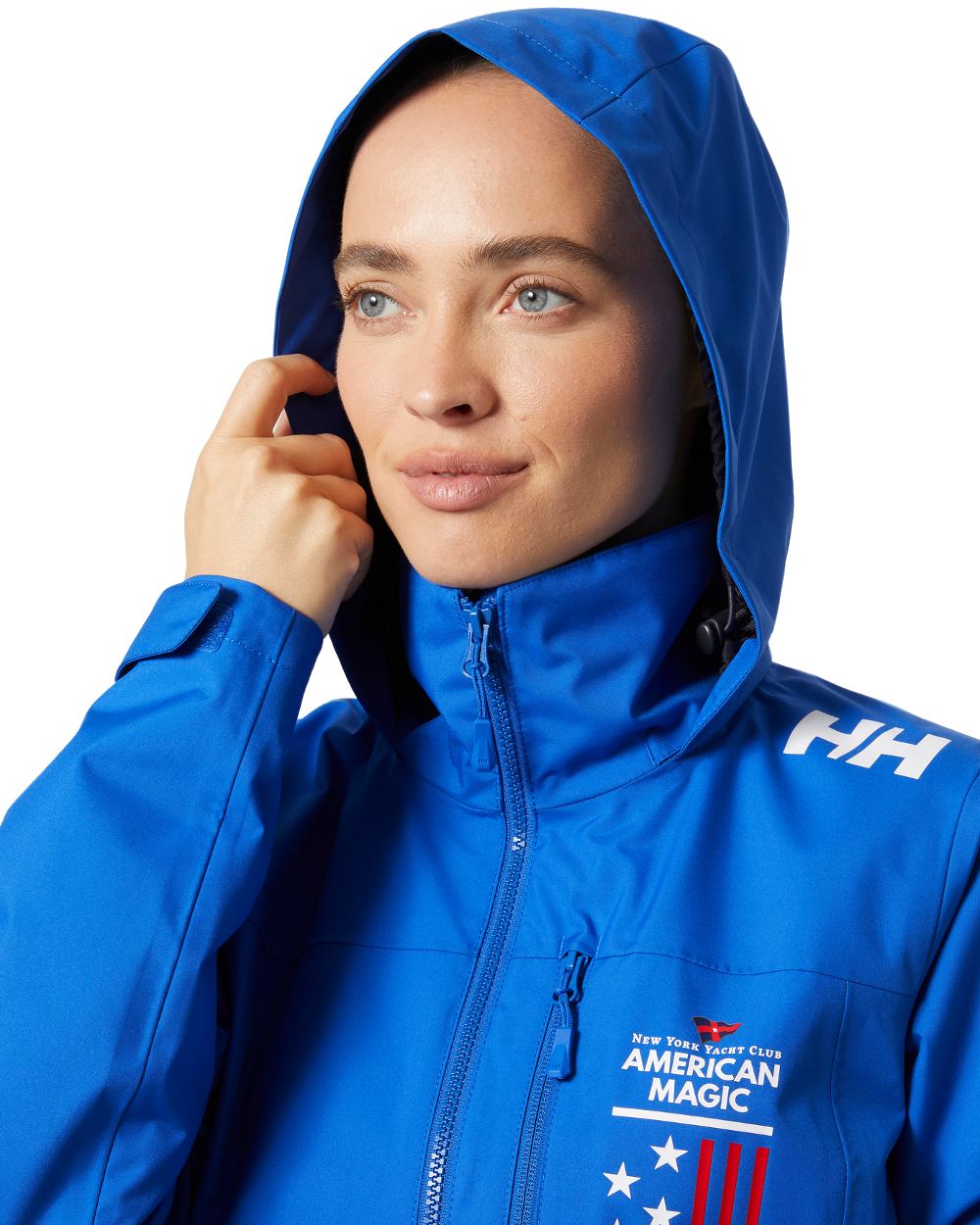 Cobalt 2.0 coloured Helly Hansen Womens American Magic Crew Hooded Jacket 2.0 on white background 