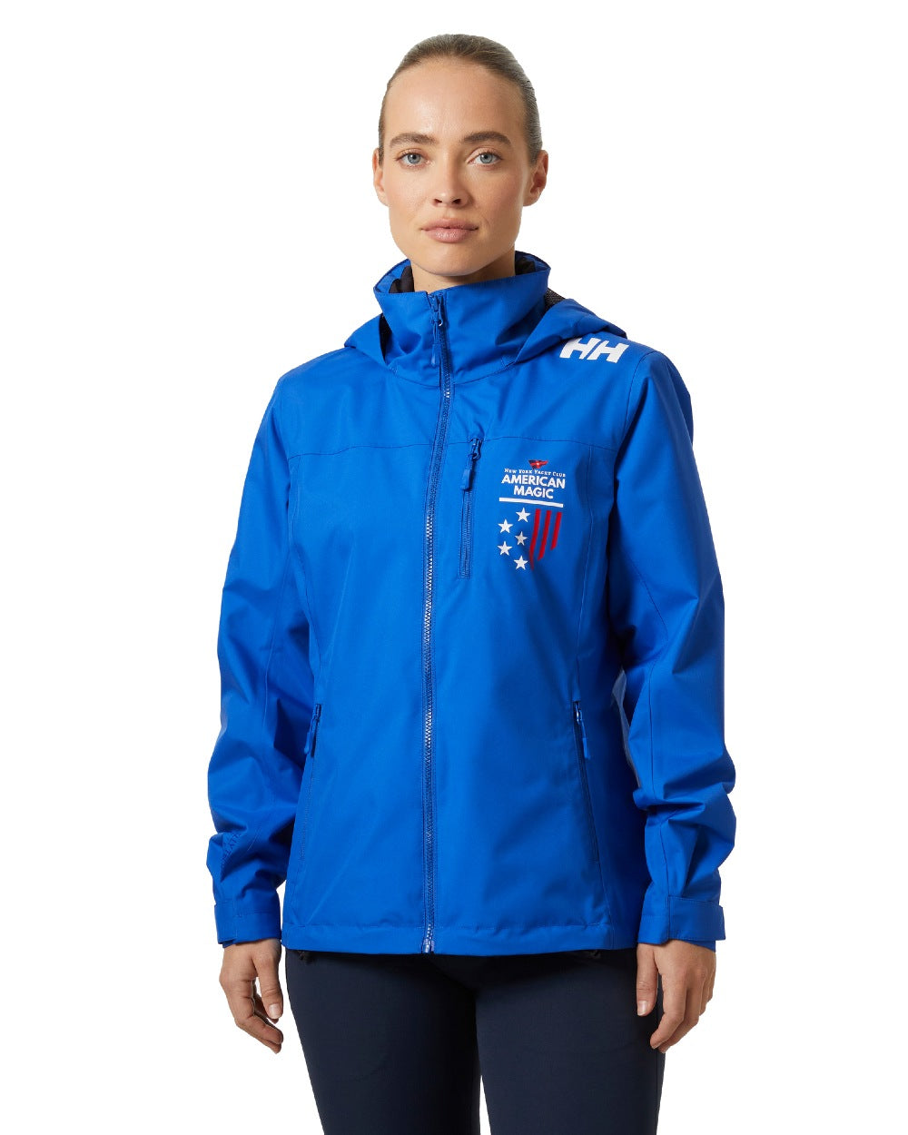 Cobalt 2.0 coloured Helly Hansen Womens American Magic Crew Hooded Jacket 2.0 on white background 