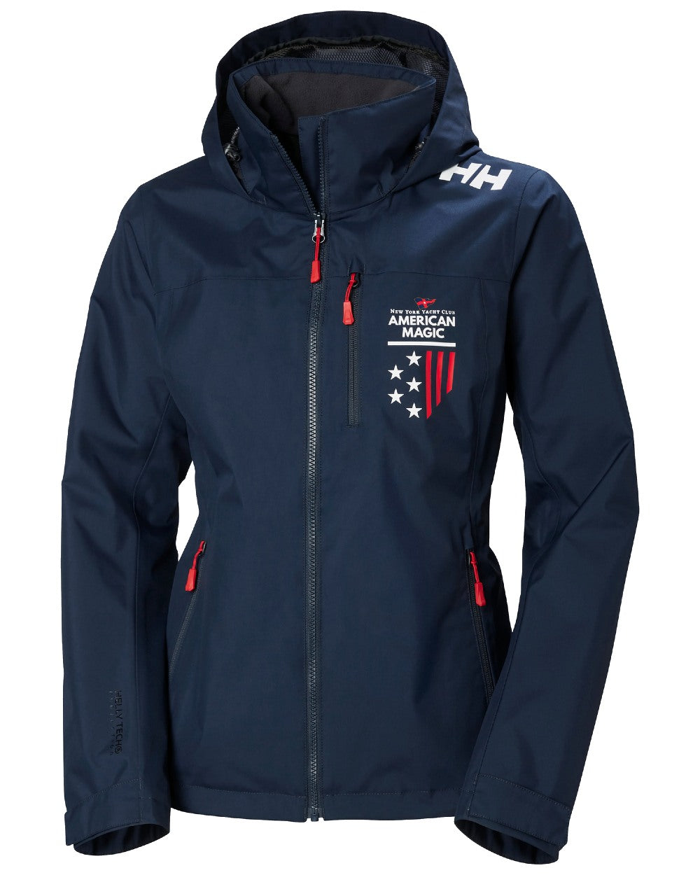 Navy coloured Helly Hansen Womens American Magic Crew Hooded Jacket 2.0 on white background 