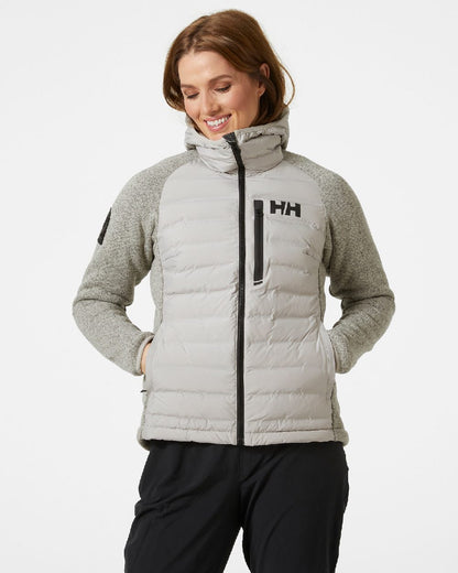 Mellow Grey coloured Helly Hansen Womens Arctic Ocean Hybrid Insulator Jacket on grey background 