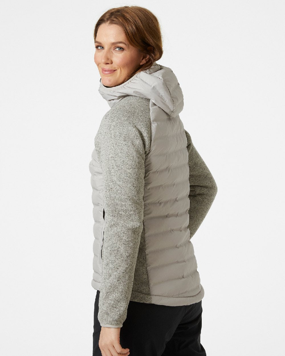 Mellow Grey coloured Helly Hansen Womens Arctic Ocean Hybrid Insulator Jacket on grey background 
