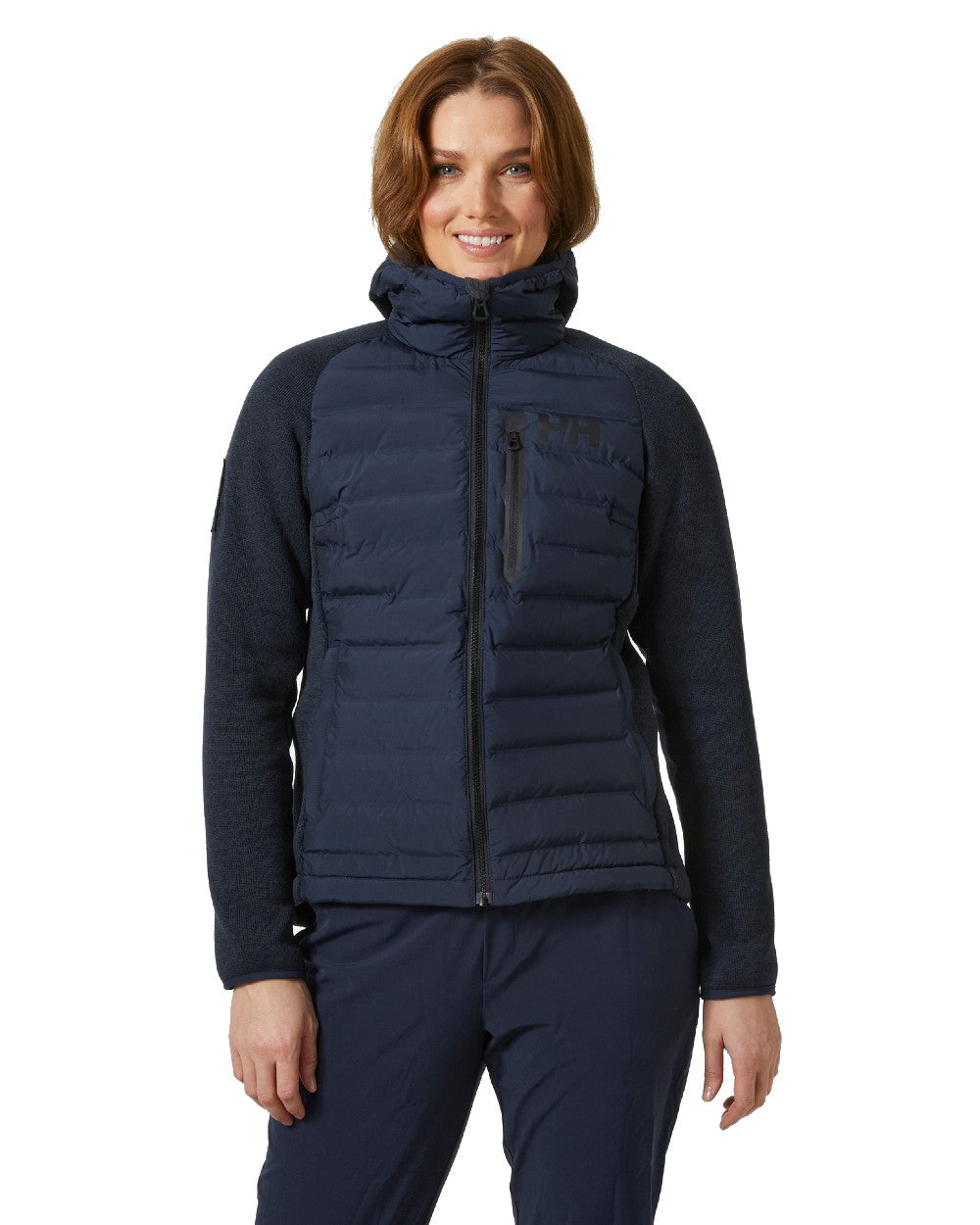 Navy coloured Helly Hansen Womens Arctic Ocean Hybrid Insulator Jacket on white background 