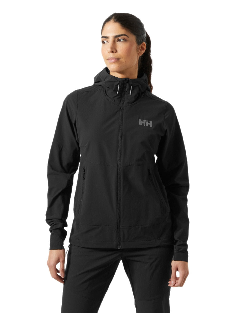 Black Coloured Helly Hansen Womens Blaze Hooded Softshell Jacket on White Background
