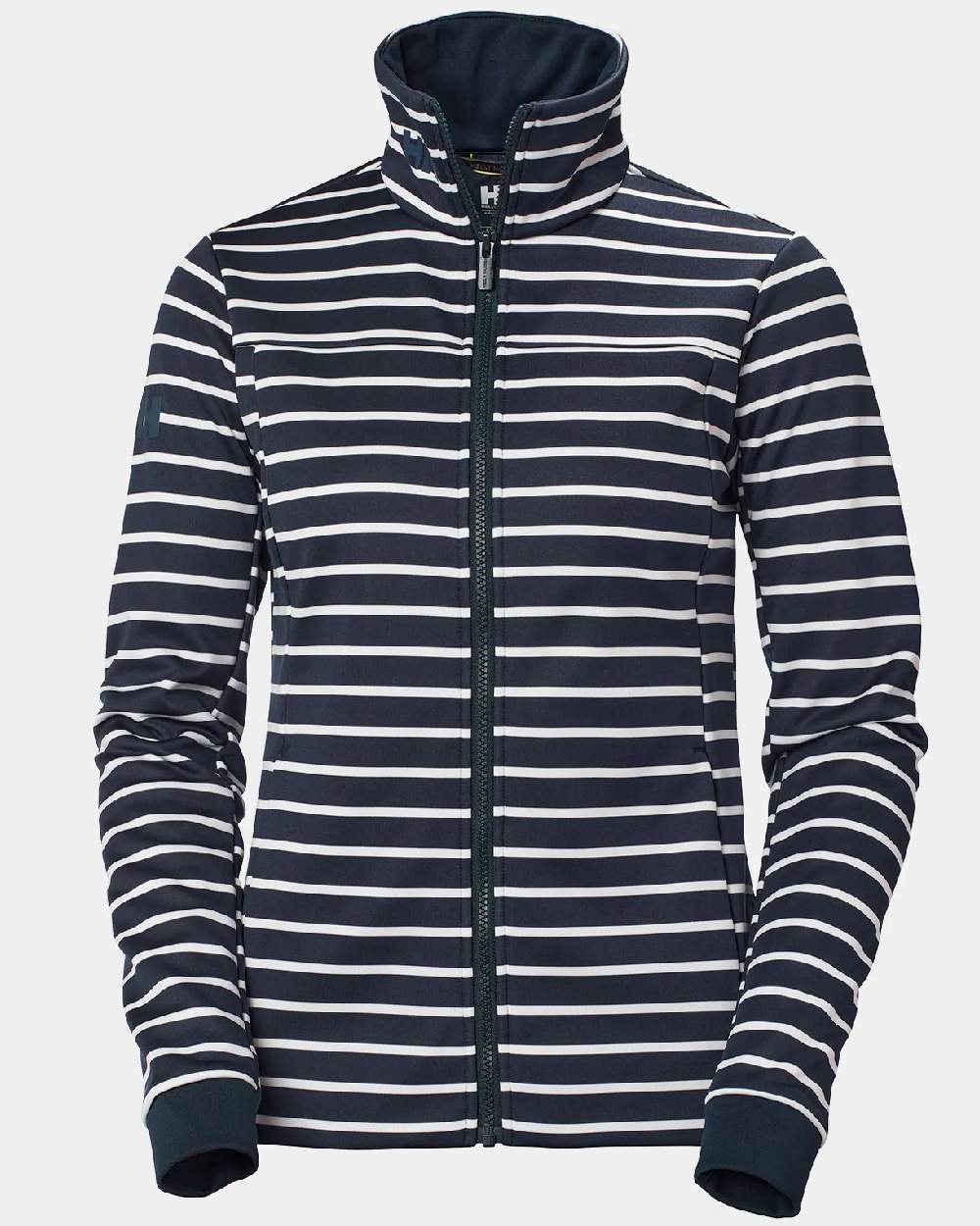 Navy Stripe coloured Helly Hansen Womens Crew Fleece Jacket on grey background 