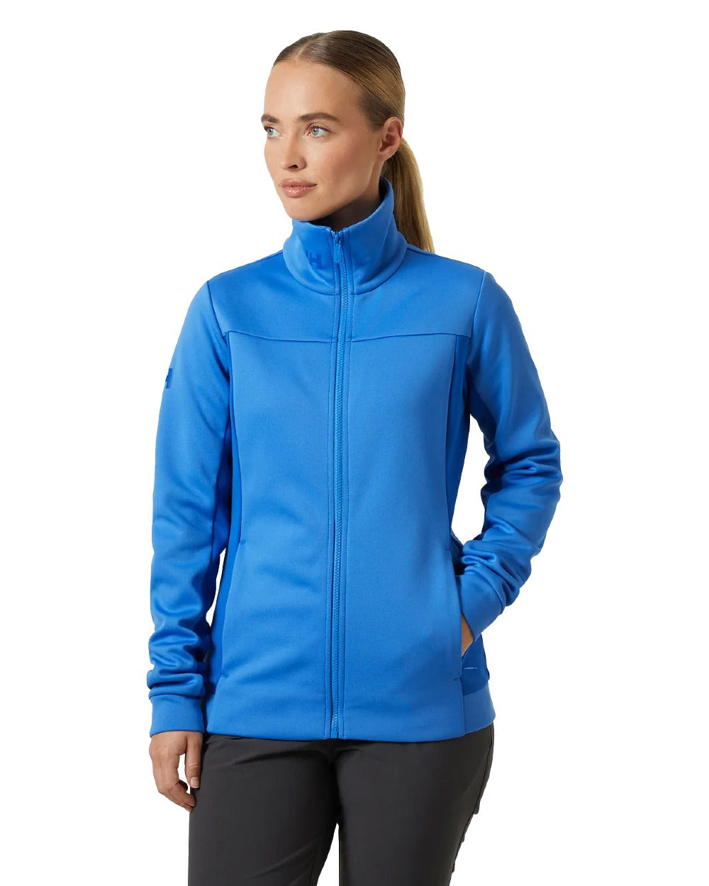 Ultra Blue coloured Helly Hansen Womens Crew Fleece Jacket on white background 