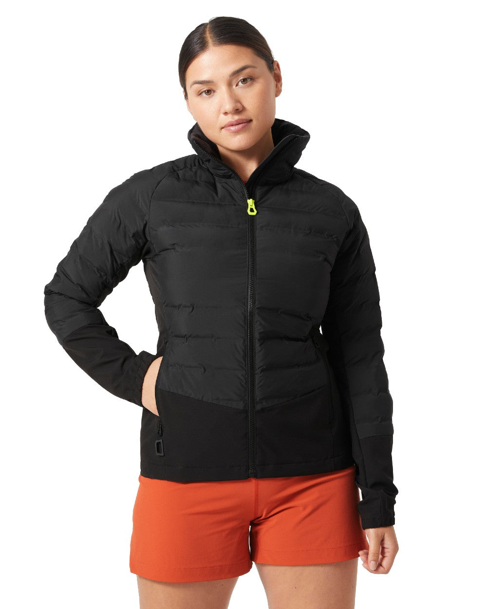 Black coloured Helly Hansen Womens HP Hybrid Insulator Jacket 2.0 on white background 