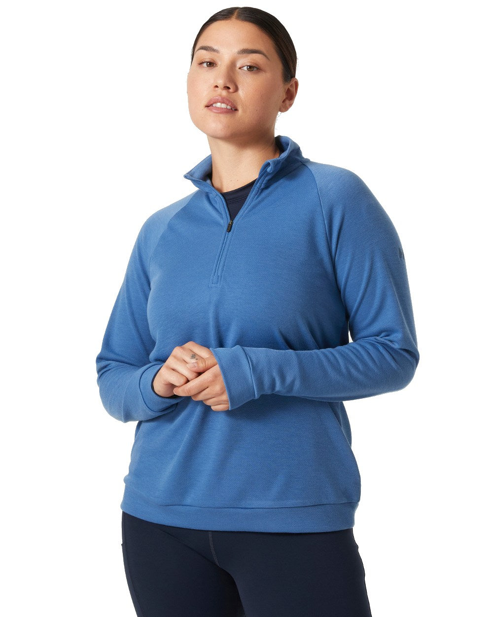 Azurite coloured Helly Hansen Womens Inshore Half Zip Pullover on white background 