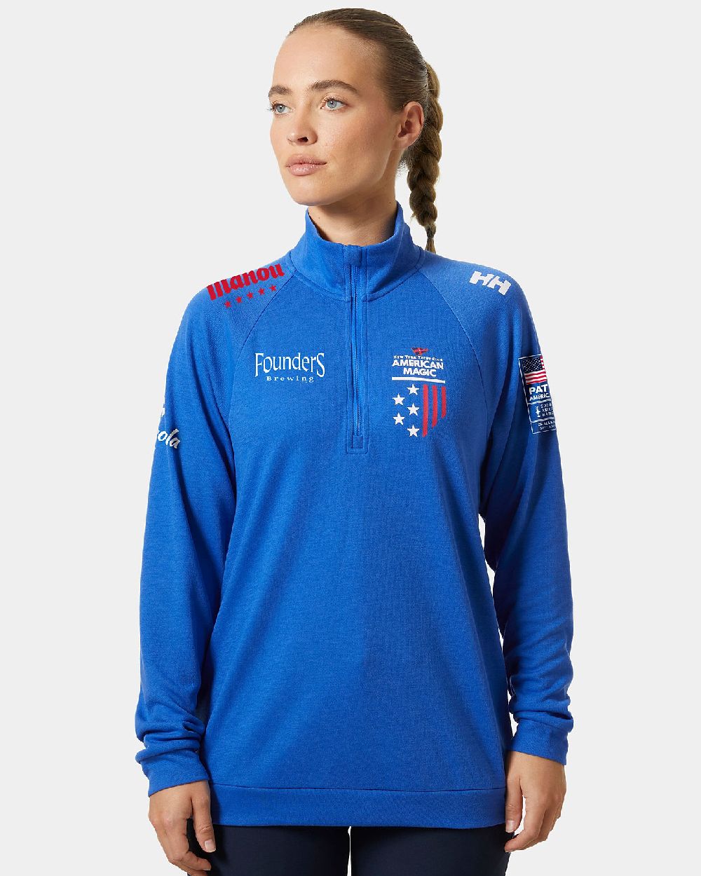 Cobalt 2.0 American Magic coloured Helly Hansen Womens Inshore Half Zip Pullover on grey background 