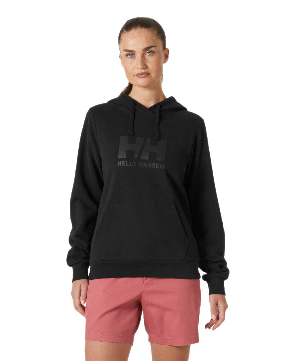 Black Coloured Helly Hansen Womens Logo Hoodie 2.0 on White Background
