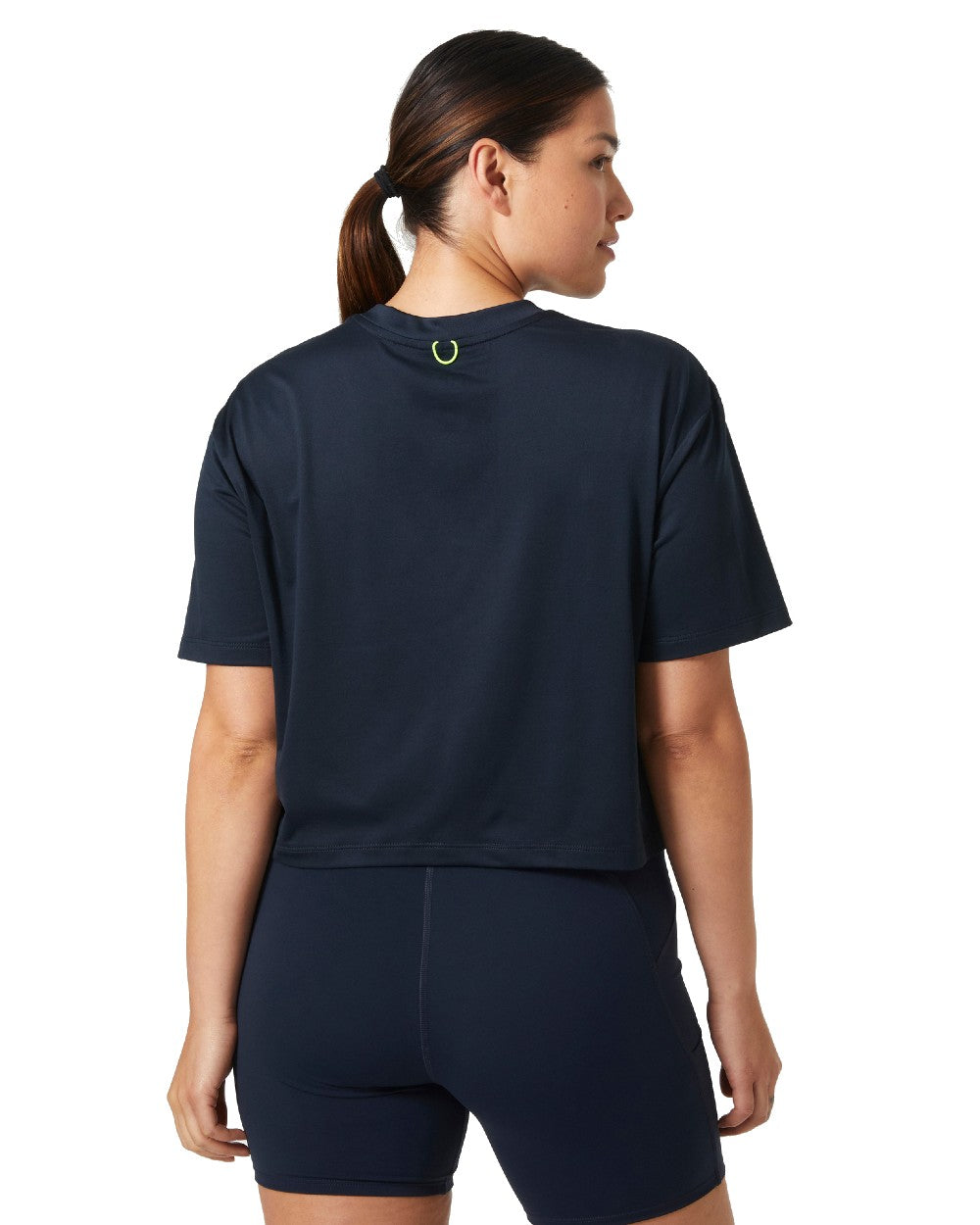 Navy coloured Helly Hansen Womens Ocean Cropped T-Shirt on white background 