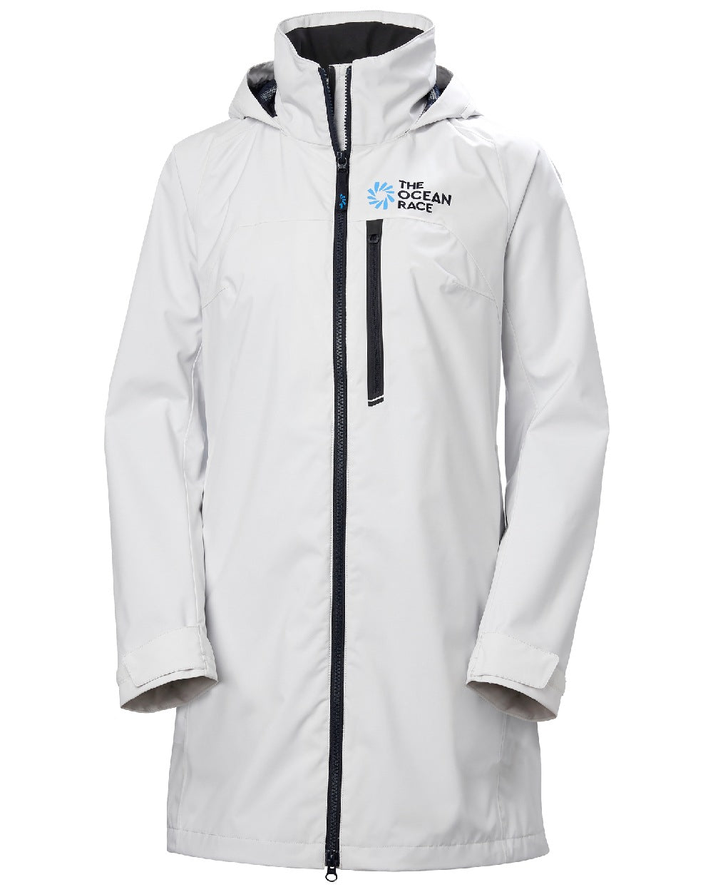 Nimbus Cloud coloured Helly Hansen Womens Ocean Race Long Sailing Coat on white background 