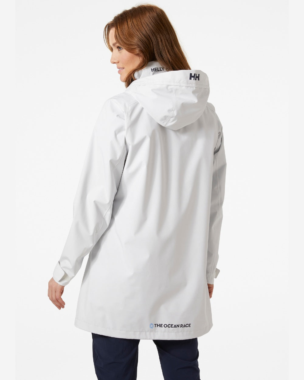 Nimbus Cloud coloured Helly Hansen Womens Ocean Race Long Sailing Coat on grey background 