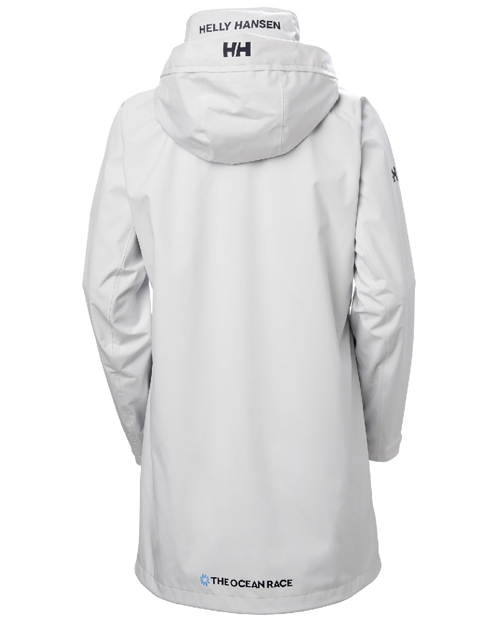 Nimbus Cloud coloured Helly Hansen Womens Ocean Race Long Sailing Coat on white background 