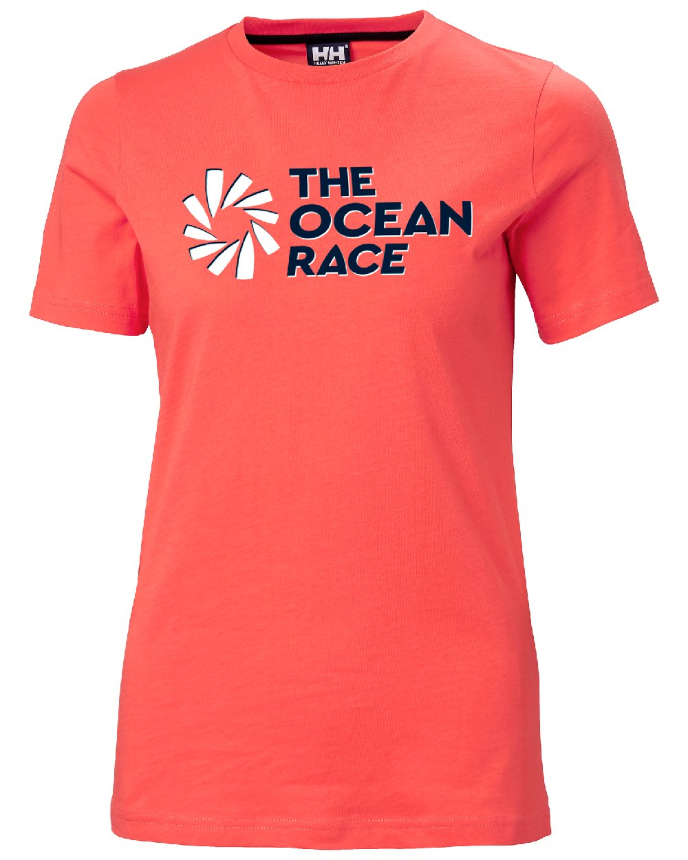 Hot Coral coloured Helly Hansen Womens Ocean Race T-Shirt on white background 