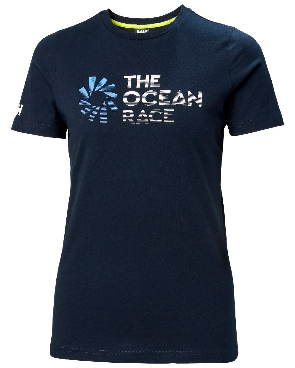 Navy v coloured Helly Hansen Womens Ocean Race T-Shirt on white background 