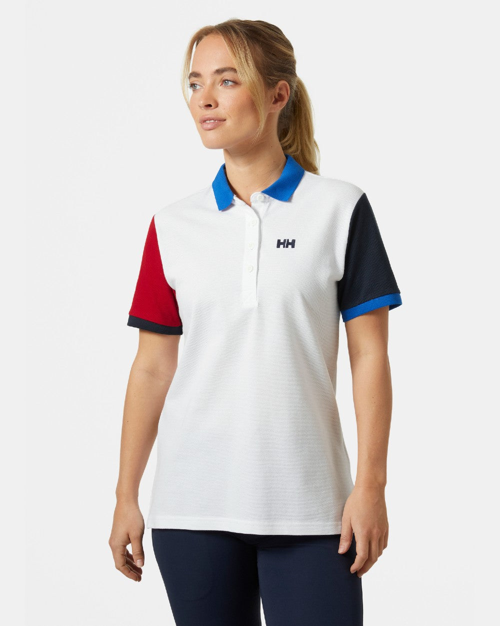 White coloured Helly Hansen Womens Pier Pique Polo Shirt on grey background 