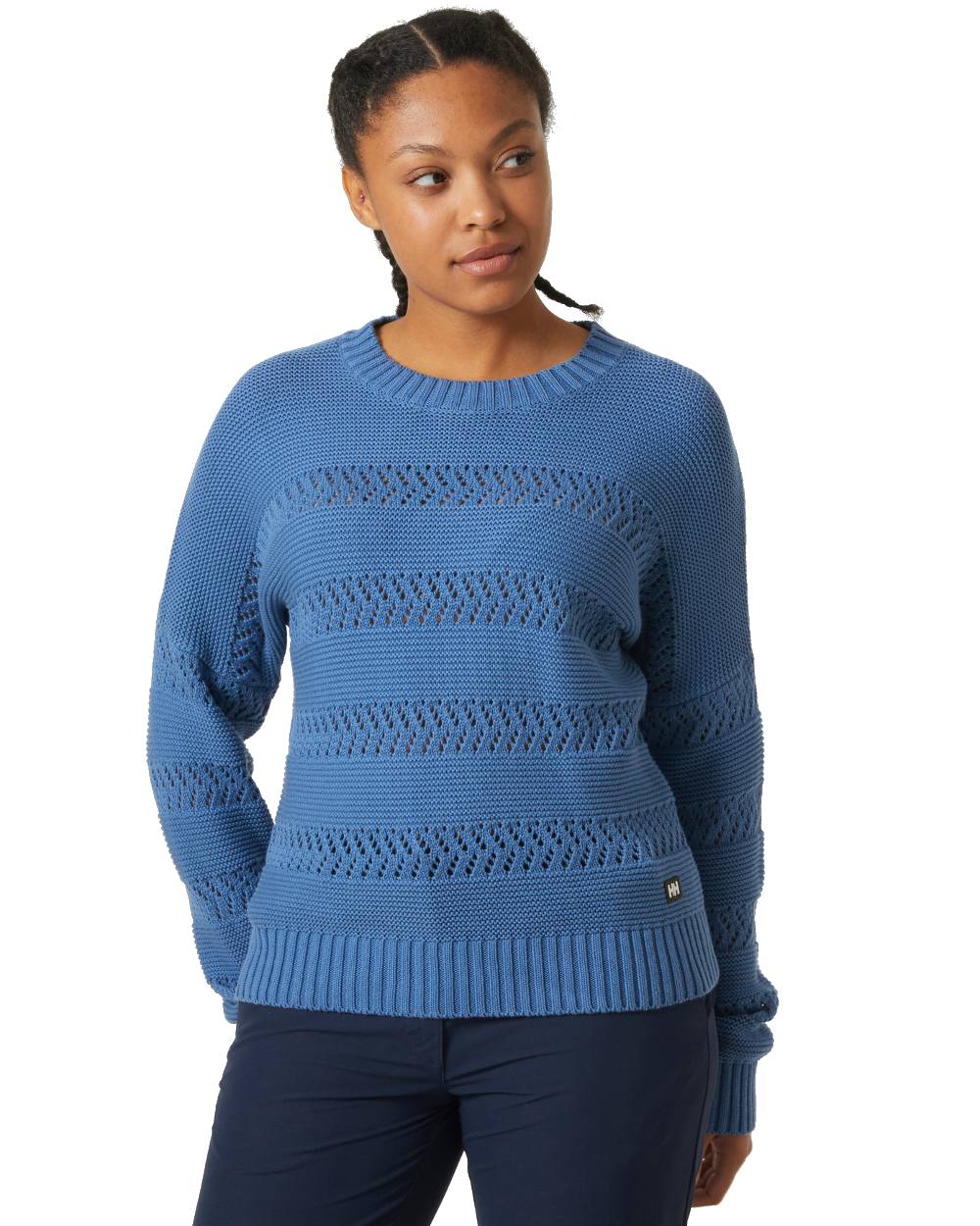 Azurite coloured Helly Hansen Womens Pier Pointelle Sweater on white background 