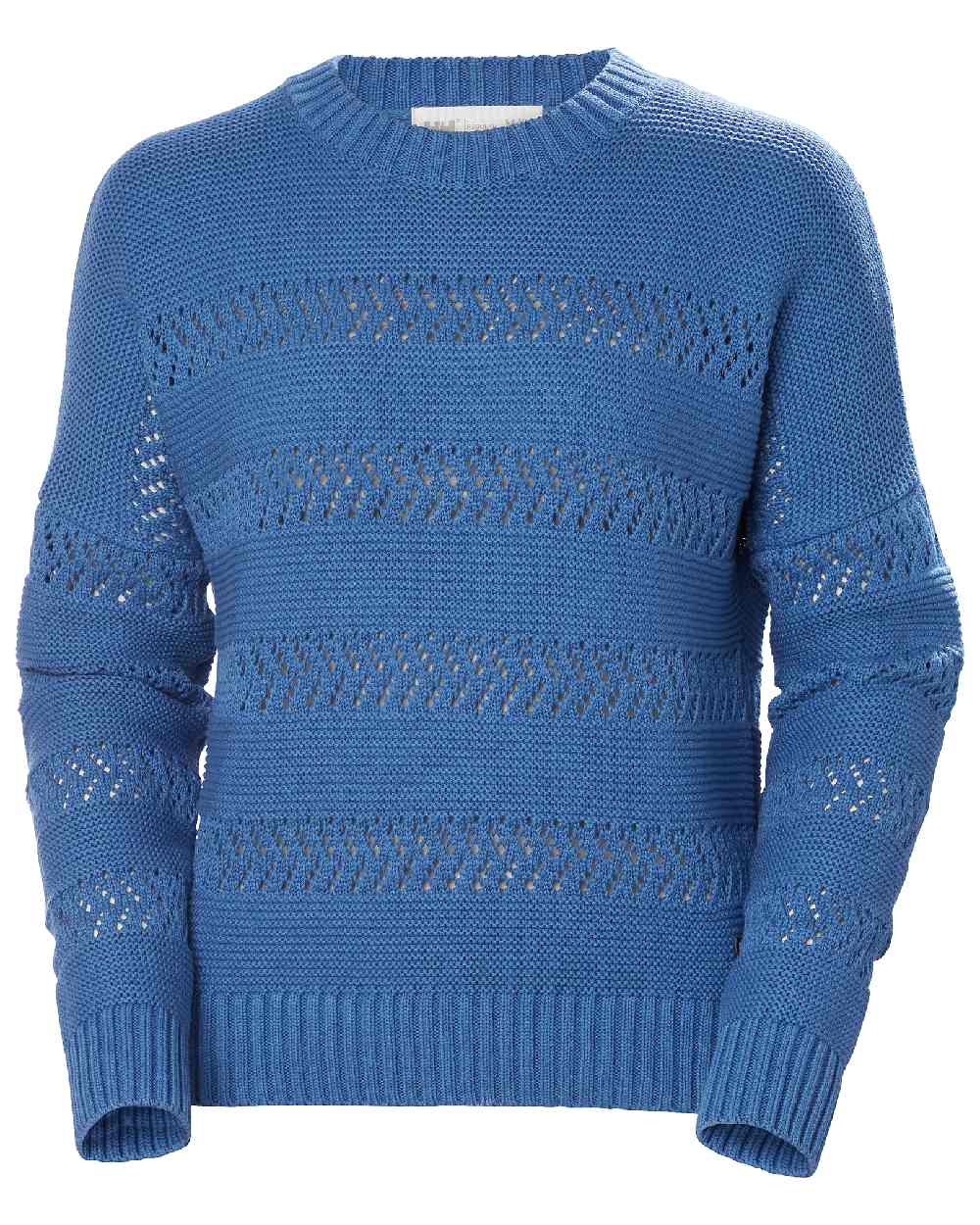 Azurite coloured Helly Hansen Womens Pier Pointelle Sweater on white background 