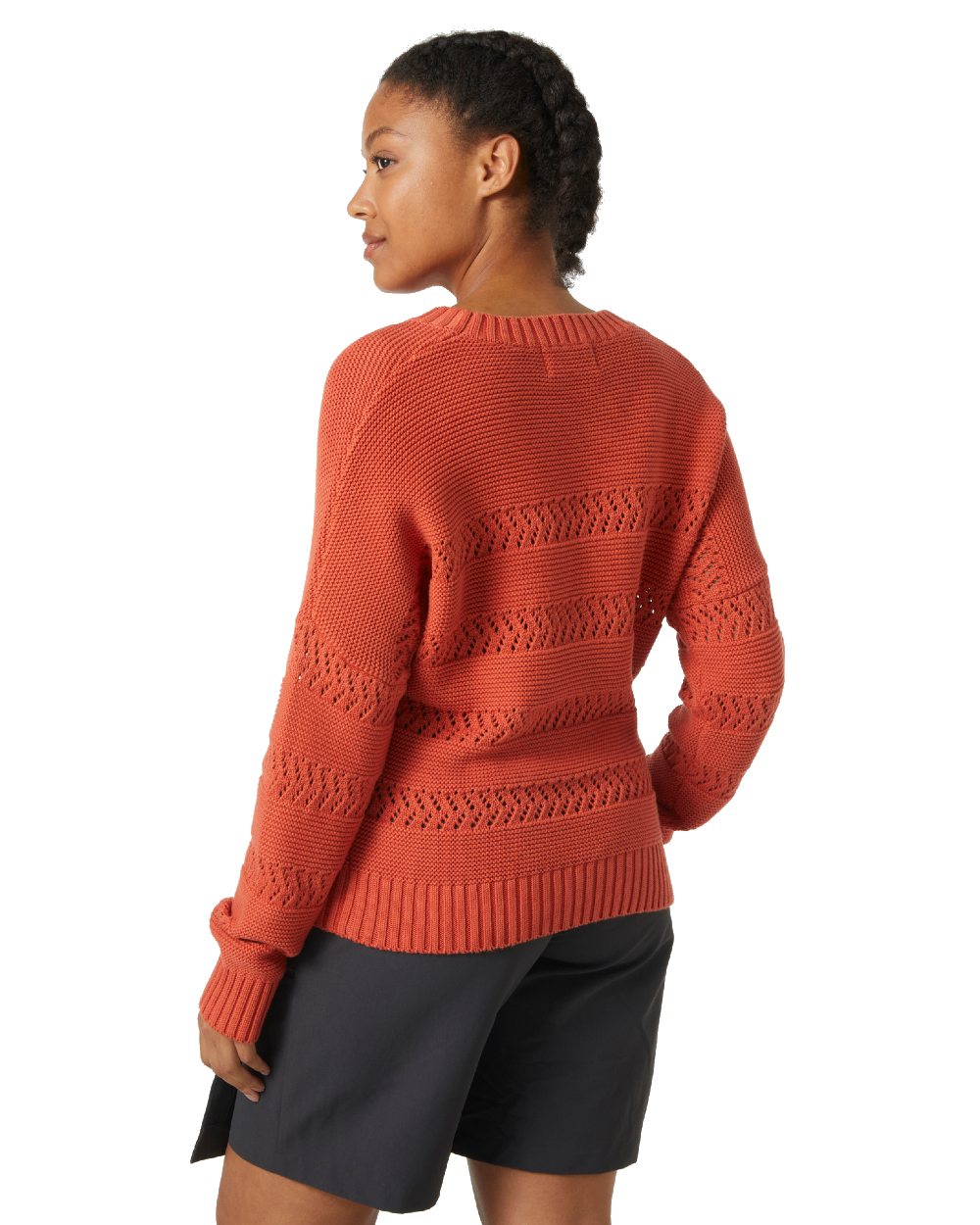 Terracotta coloured Helly Hansen Womens Pier Pointelle Sweater on white background 