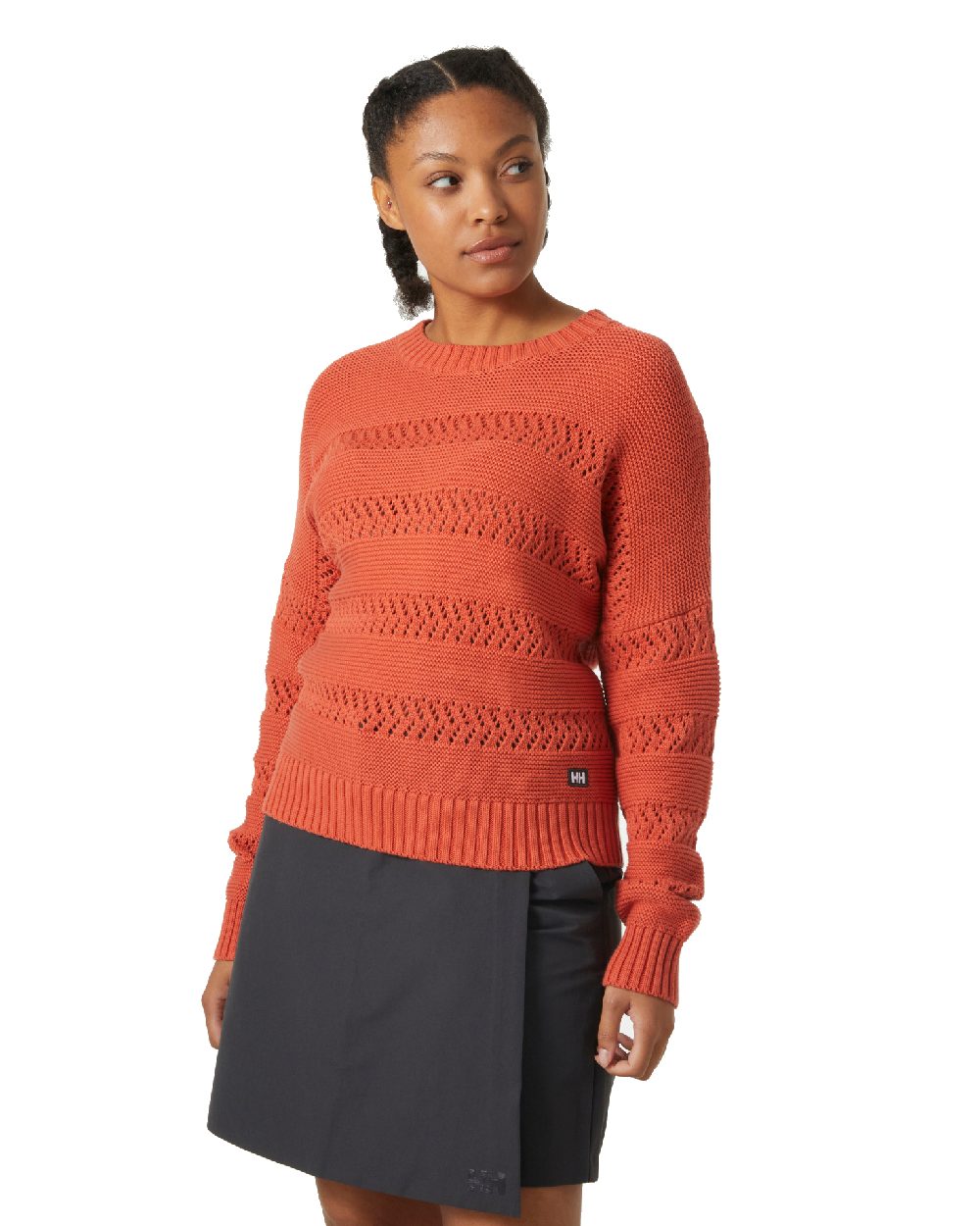 Terracotta coloured Helly Hansen Womens Pier Pointelle Sweater on white background 