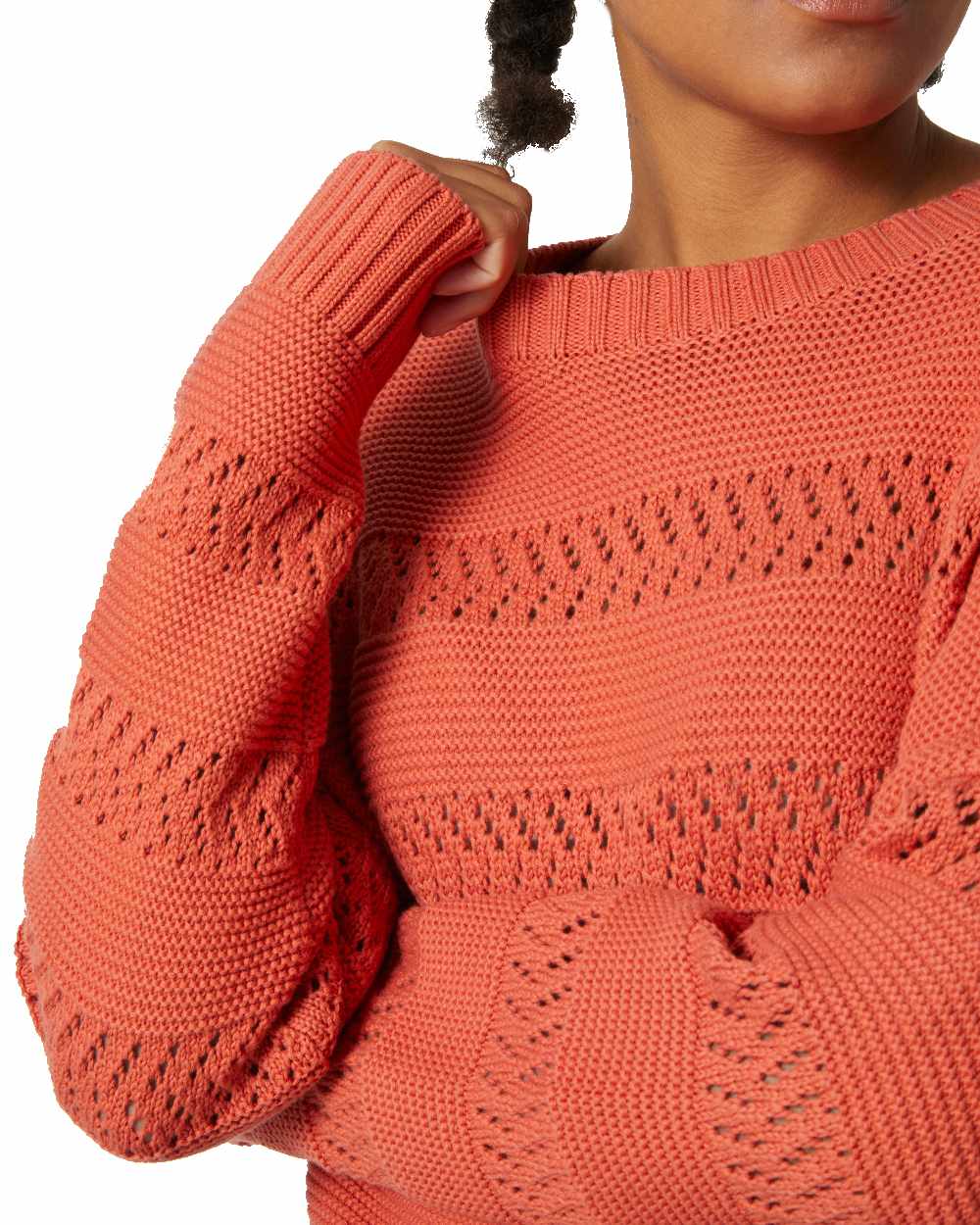 Terracotta coloured Helly Hansen Womens Pier Pointelle Sweater on white background 