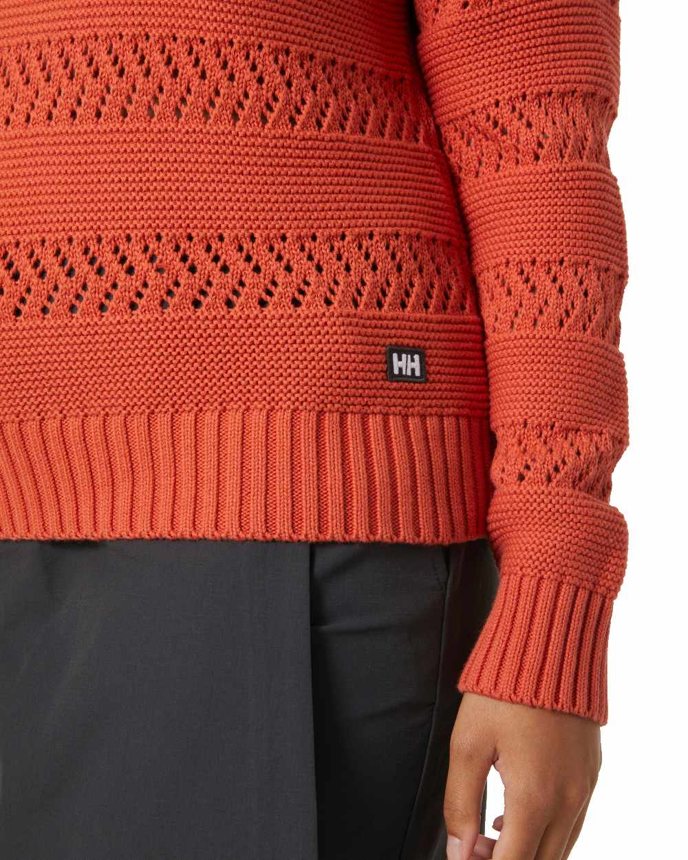 Terracotta coloured Helly Hansen Womens Pier Pointelle Sweater on white background 