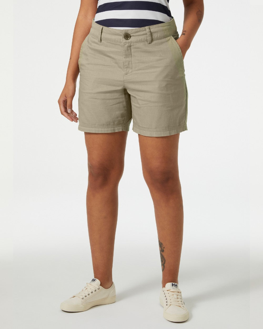 Pebble coloured Helly Hansen Womens Pier Shorts on grey background 
