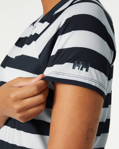 Navy Stripe coloured Helly Hansen Womens Siren Half Zip Quick Dry T-Shirt on grey background 