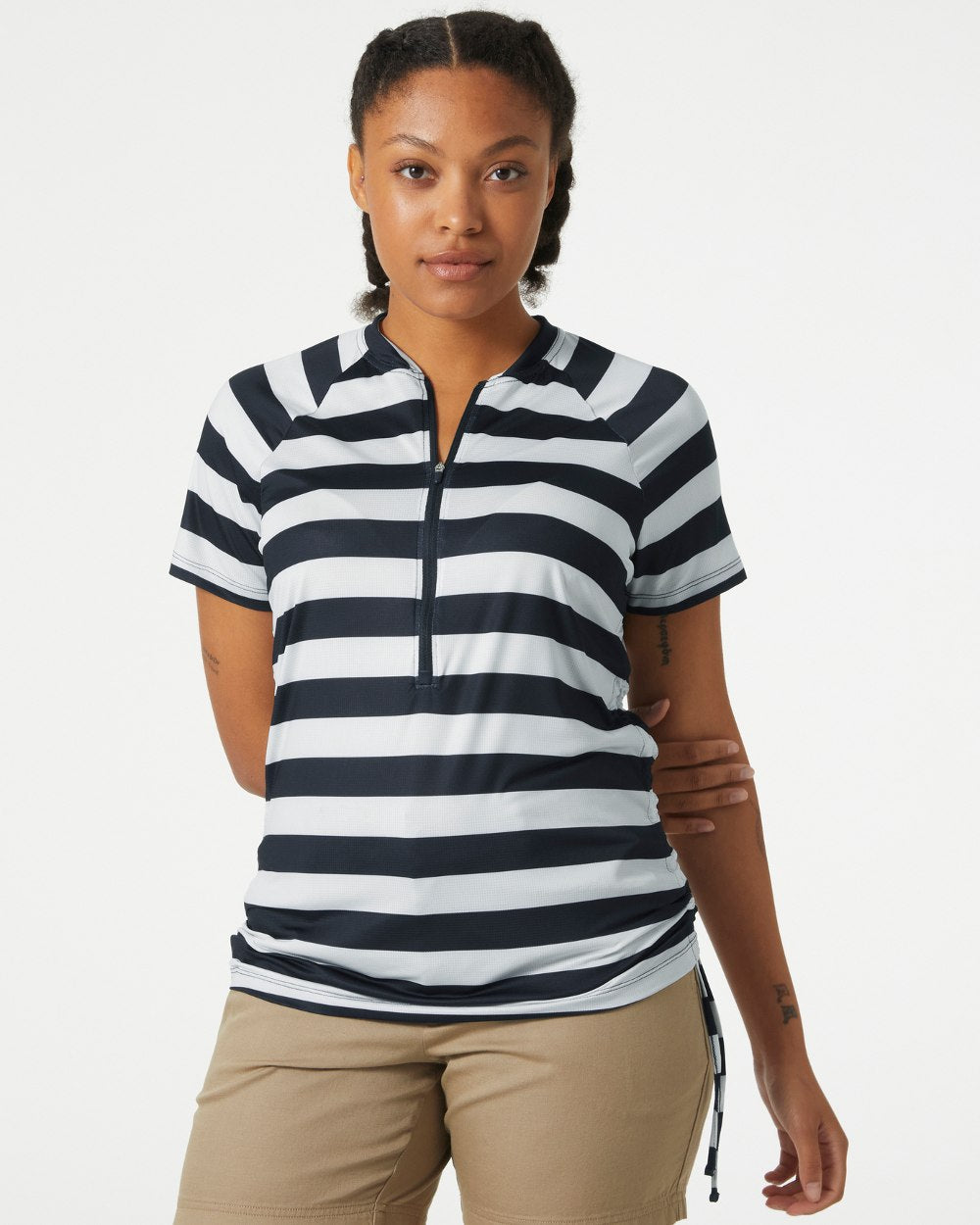 Navy Stripe coloured Helly Hansen Womens Siren Half Zip Quick Dry T-Shirt on grey background 