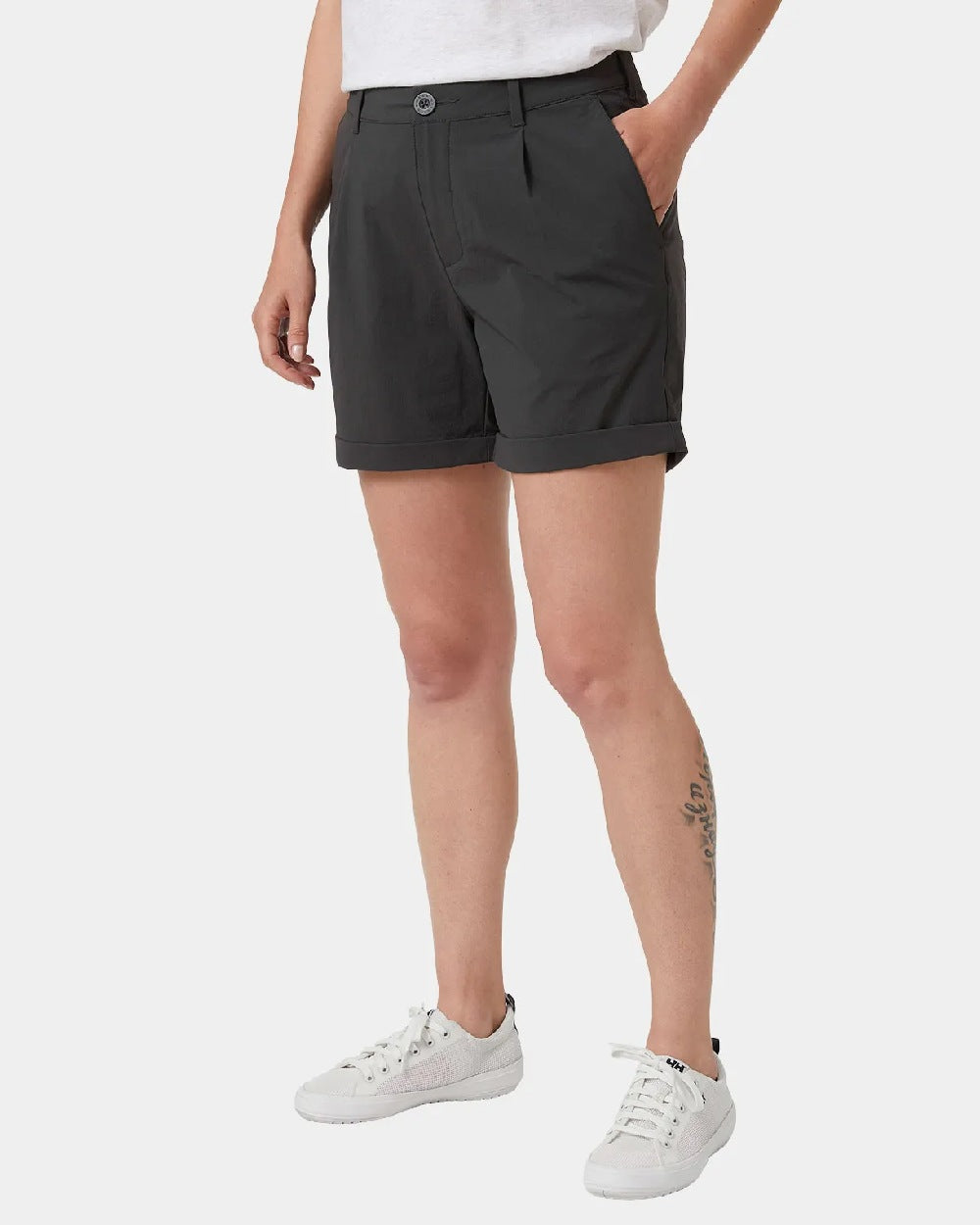 Ebony coloured Helly Hansen Womens Siren Quick Dry Shorts on grey background 
