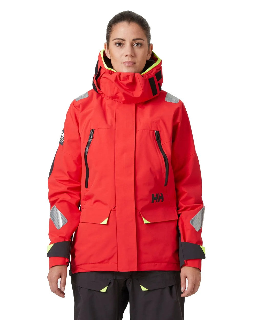 Alert red coloured Helly Hansen Womens Skagen Offshore Sailing Jacket on white background 