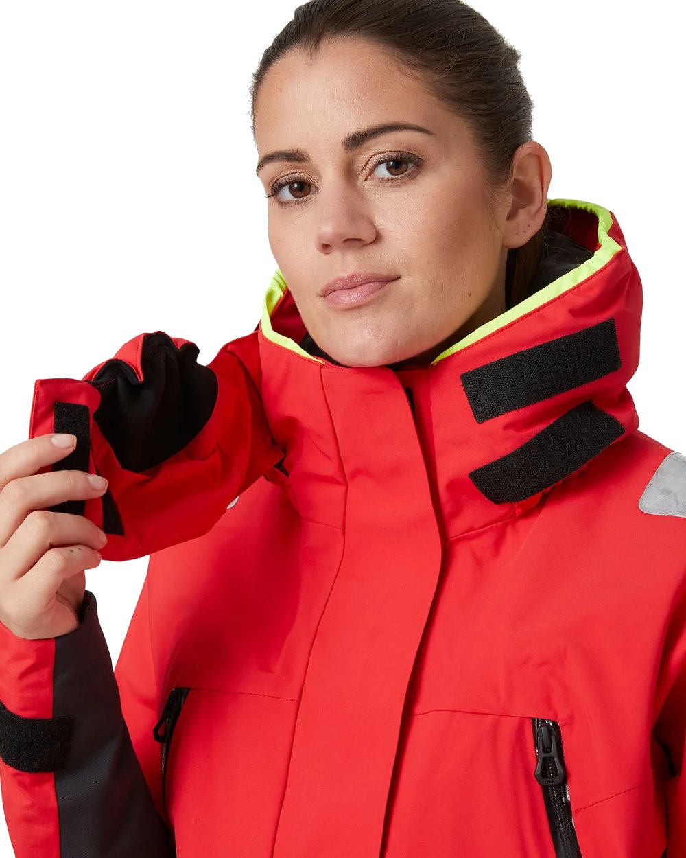 Alert red coloured Helly Hansen Womens Skagen Offshore Sailing Jacket on white background 