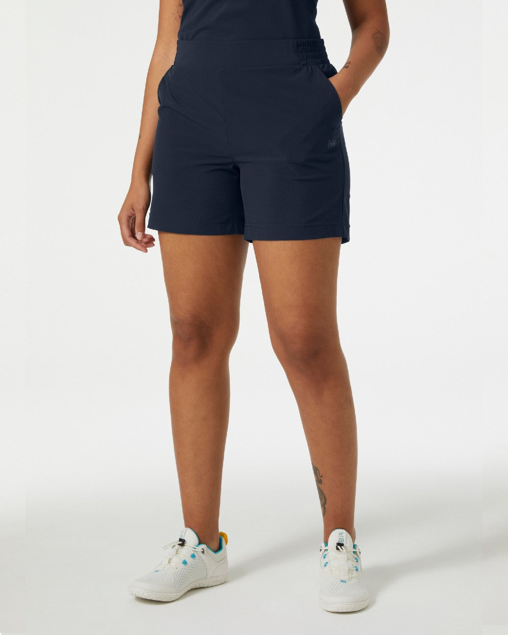 Navy coloured Helly Hansen womens thalia shorts 2.0 on grey background 