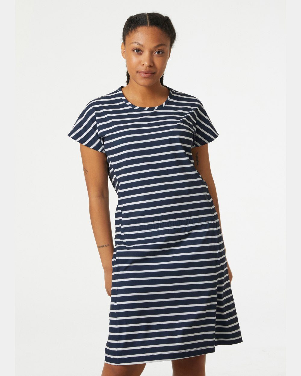 Striped Navy coloured Helly Hansen Womens Thalia Summer Dress 2.0 on grey background 