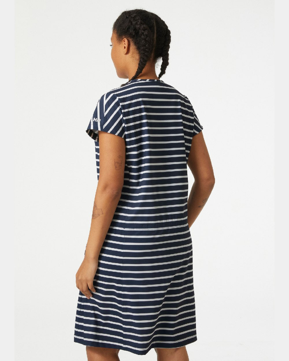 Striped Navy coloured Helly Hansen Womens Thalia Summer Dress 2.0 on grey background 